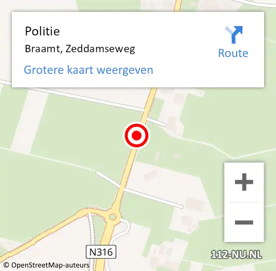 Locatie op kaart van de 112 melding: Politie Braamt, Zeddamseweg op 15 augustus 2019 15:10