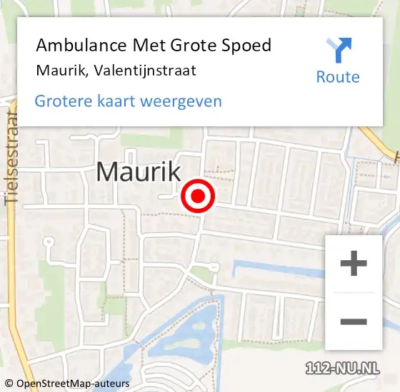 Locatie op kaart van de 112 melding: Ambulance Met Grote Spoed Naar Maurik, Valentijnstraat op 16 augustus 2019 17:58