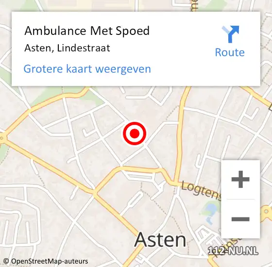 Locatie op kaart van de 112 melding: Ambulance Met Spoed Naar Asten, Lindestraat op 17 augustus 2019 00:16