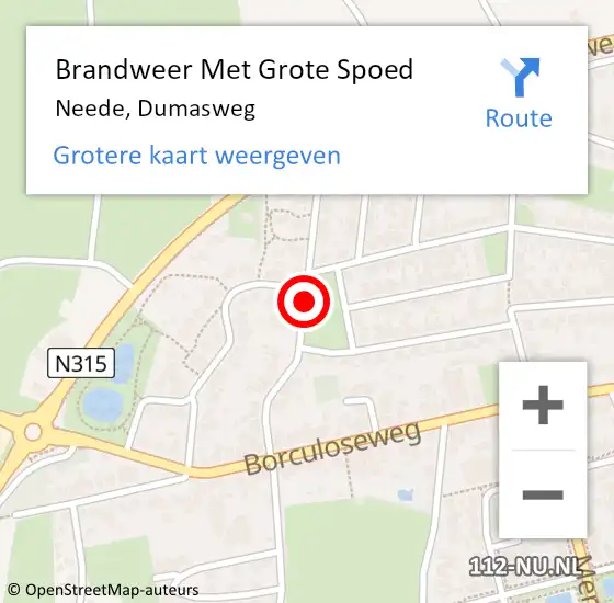 Locatie op kaart van de 112 melding: Brandweer Met Grote Spoed Naar Neede, Dumasweg op 17 augustus 2019 01:52