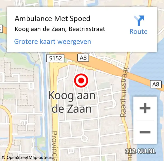 Locatie op kaart van de 112 melding: Ambulance Met Spoed Naar Koog aan de Zaan, Beatrixstraat op 17 augustus 2019 23:09