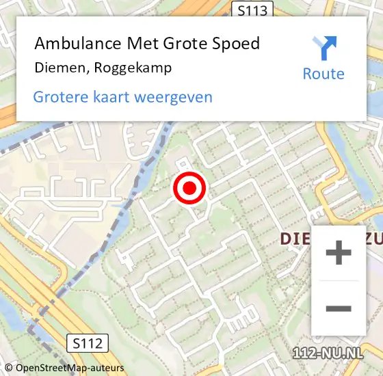 Locatie op kaart van de 112 melding: Ambulance Met Grote Spoed Naar Diemen, Roggekamp op 18 augustus 2019 04:41
