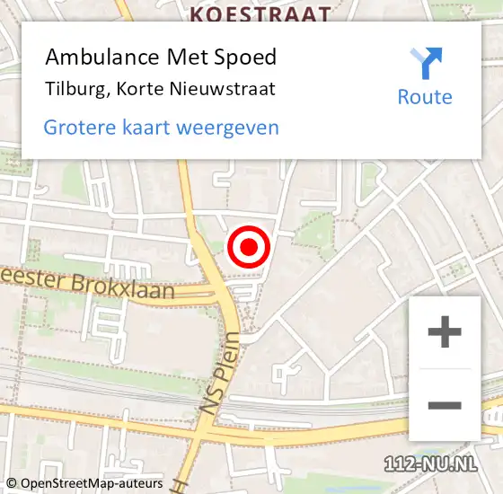 Locatie op kaart van de 112 melding: Ambulance Met Spoed Naar Tilburg, Korte Nieuwstraat op 19 augustus 2019 07:07