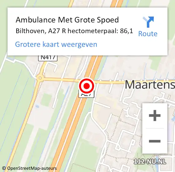 Locatie op kaart van de 112 melding: Ambulance Met Grote Spoed Naar Bilthoven, A27 R hectometerpaal: 86,1 op 11 april 2014 08:31