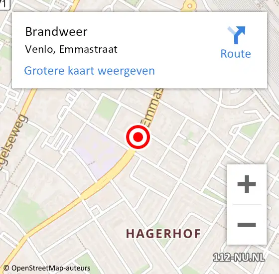 Locatie op kaart van de 112 melding: Brandweer Venlo, Emmastraat op 20 augustus 2019 13:55