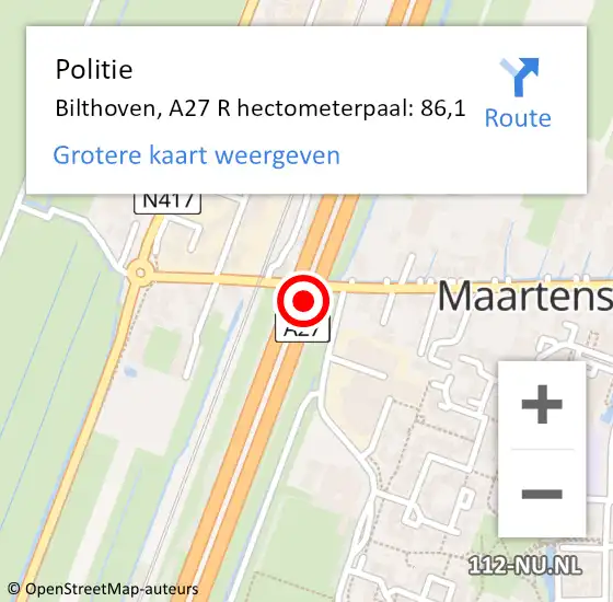 Locatie op kaart van de 112 melding: Politie Bilthoven, A27 R hectometerpaal: 86,1 op 11 april 2014 08:35