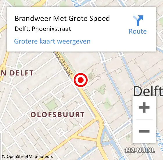 Locatie op kaart van de 112 melding: Brandweer Met Grote Spoed Naar Delft, Phoenixstraat op 21 augustus 2019 03:55