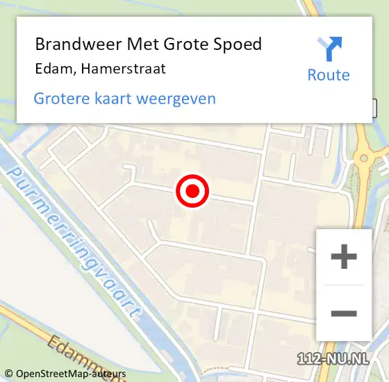 Locatie op kaart van de 112 melding: Brandweer Met Grote Spoed Naar Edam, Hamerstraat op 21 augustus 2019 19:58