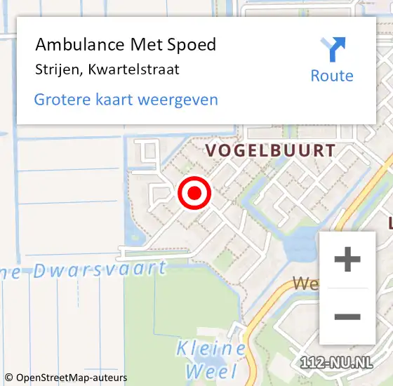Locatie op kaart van de 112 melding: Ambulance Met Spoed Naar Strijen, Kwartelstraat op 22 augustus 2019 16:30