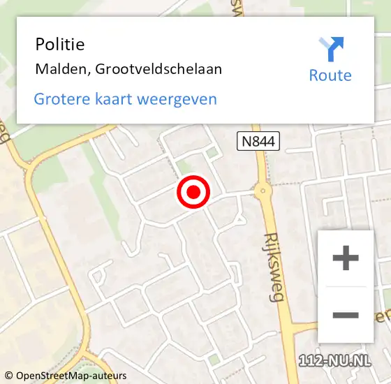 Locatie op kaart van de 112 melding: Politie Malden, Grootveldschelaan op 22 augustus 2019 21:57