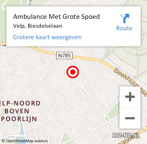 Locatie op kaart van de 112 melding: Ambulance Met Grote Spoed Naar Velp, Biesdelselaan op 23 augustus 2019 10:37