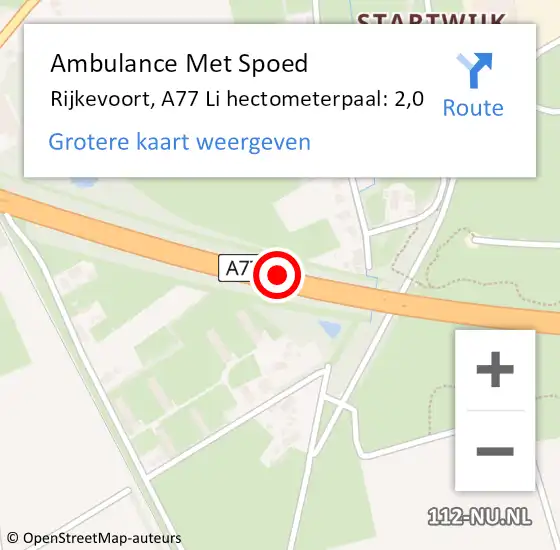 Locatie op kaart van de 112 melding: Ambulance Met Spoed Naar Rijkevoort, A77 Li hectometerpaal: 2,0 op 23 augustus 2019 15:50