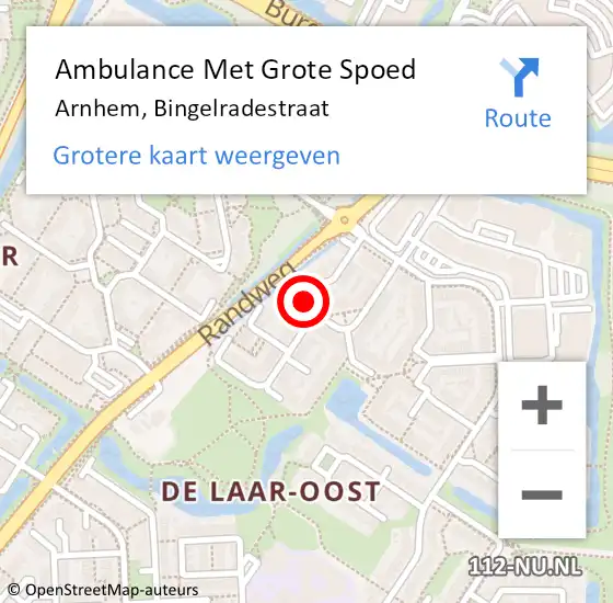 Locatie op kaart van de 112 melding: Ambulance Met Grote Spoed Naar Arnhem, Bingelradestraat op 23 augustus 2019 18:39