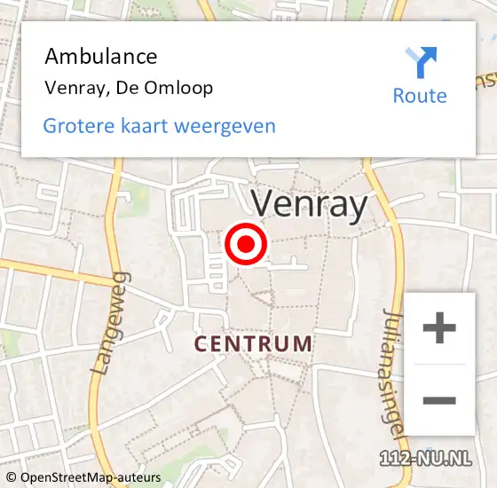 Locatie op kaart van de 112 melding: Ambulance Venray, De Omloop op 24 augustus 2019 12:08