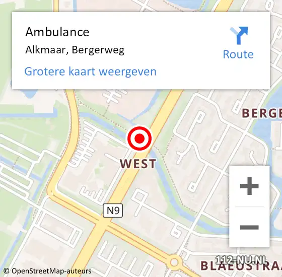 Locatie op kaart van de 112 melding: Ambulance Alkmaar, Bergerweg op 24 augustus 2019 19:55