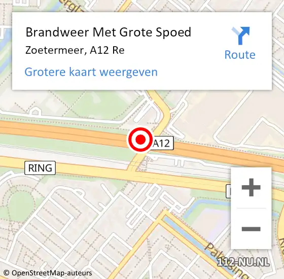 Locatie op kaart van de 112 melding: Brandweer Met Grote Spoed Naar Zoetermeer, A12 Re hectometerpaal: 15,8 op 24 augustus 2019 20:49