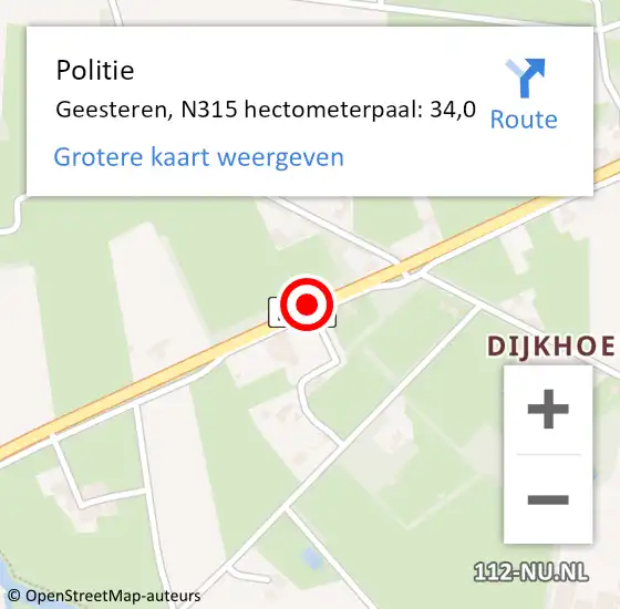 Locatie op kaart van de 112 melding: Politie Geesteren, N315 hectometerpaal: 34,0 op 26 augustus 2019 07:15