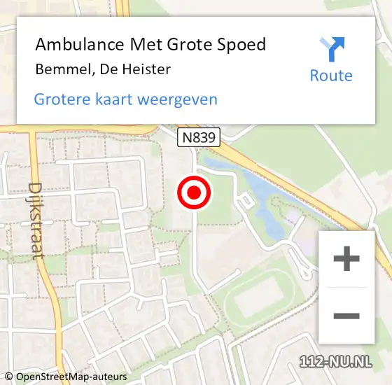 Locatie op kaart van de 112 melding: Ambulance Met Grote Spoed Naar Bemmel, De Heister op 26 augustus 2019 11:53