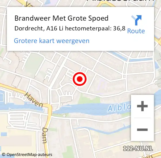 Locatie op kaart van de 112 melding: Brandweer Met Grote Spoed Naar Dordrecht, A16 Li hectometerpaal: 36,8 op 26 augustus 2019 13:07
