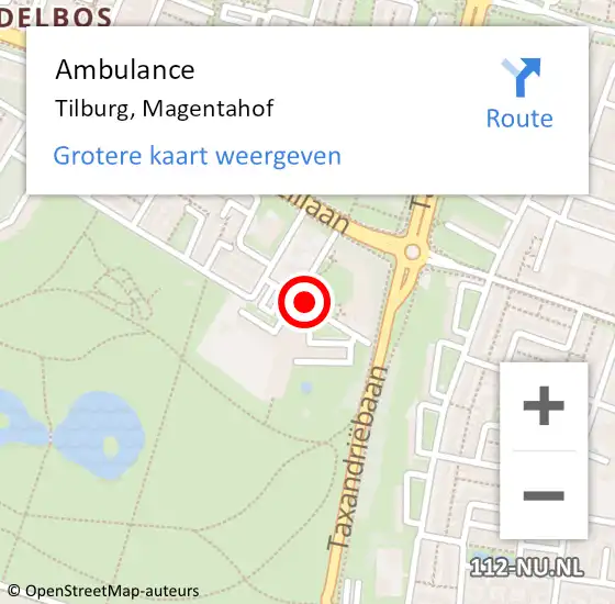 Locatie op kaart van de 112 melding: Ambulance Tilburg, Magentahof op 26 augustus 2019 14:06