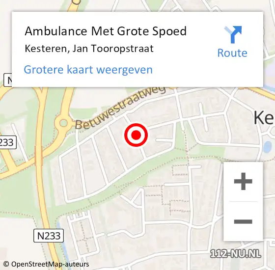 Locatie op kaart van de 112 melding: Ambulance Met Grote Spoed Naar Kesteren, Jan Tooropstraat op 26 augustus 2019 21:19