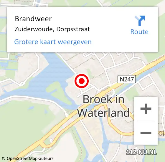 Locatie op kaart van de 112 melding: Brandweer Zuiderwoude, Dorpsstraat op 27 augustus 2019 08:35