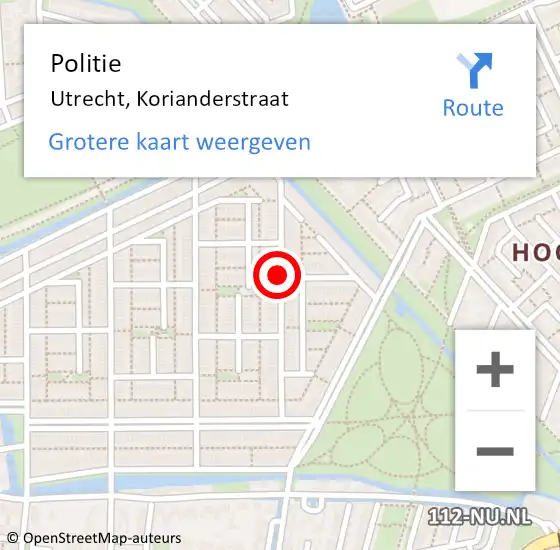 Locatie op kaart van de 112 melding: Politie Utrecht, Korianderstraat op 27 augustus 2019 14:23