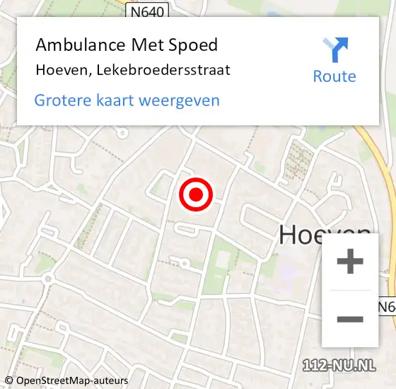 Locatie op kaart van de 112 melding: Ambulance Met Spoed Naar Hoeven, Lekebroedersstraat op 27 augustus 2019 23:13