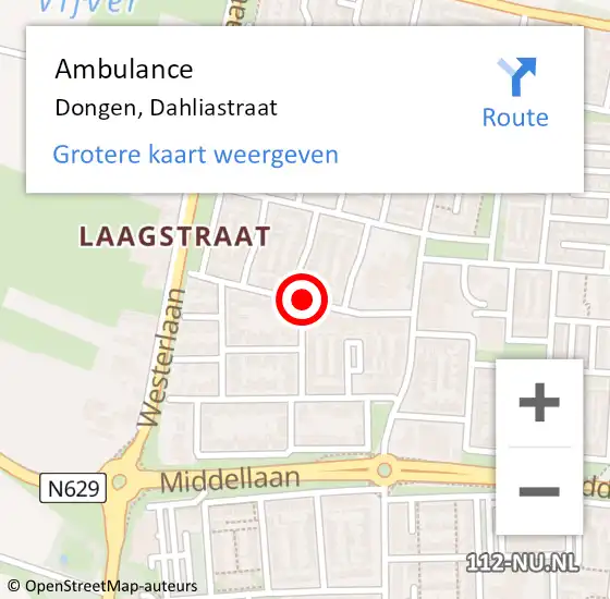 Locatie op kaart van de 112 melding: Ambulance Dongen, Dahliastraat op 28 augustus 2019 12:42