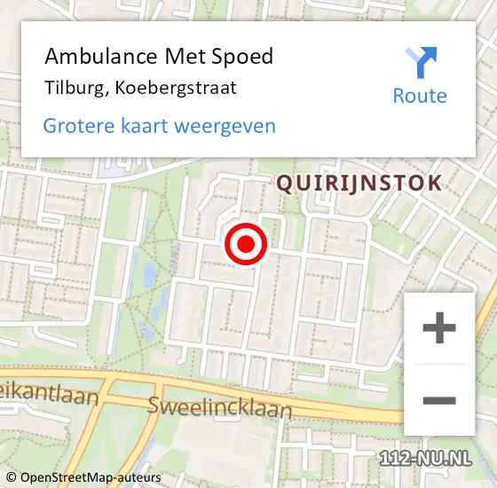 Locatie op kaart van de 112 melding: Ambulance Met Spoed Naar Tilburg, Koebergstraat op 28 augustus 2019 21:31