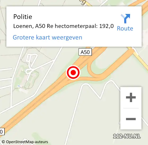 Locatie op kaart van de 112 melding: Politie Loenen, A50 Re hectometerpaal: 192,0 op 29 augustus 2019 06:47