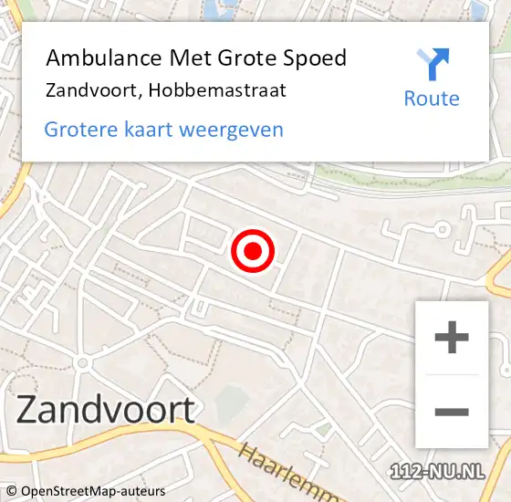 Locatie op kaart van de 112 melding: Ambulance Met Grote Spoed Naar Zandvoort, Hobbemastraat op 29 augustus 2019 08:57