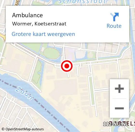 Locatie op kaart van de 112 melding: Ambulance Wormer, Koetserstraat op 29 augustus 2019 09:05