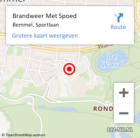 Locatie op kaart van de 112 melding: Brandweer Met Spoed Naar Bemmel, Sportlaan op 29 augustus 2019 12:49