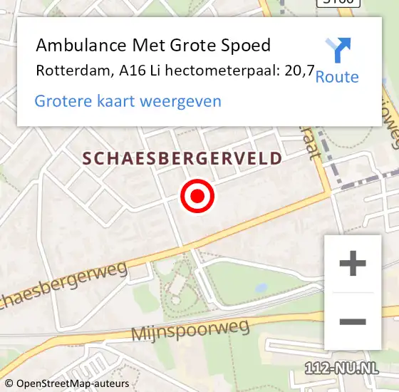 Locatie op kaart van de 112 melding: Ambulance Met Grote Spoed Naar Rotterdam, A16 Li hectometerpaal: 20,7 op 29 augustus 2019 16:22