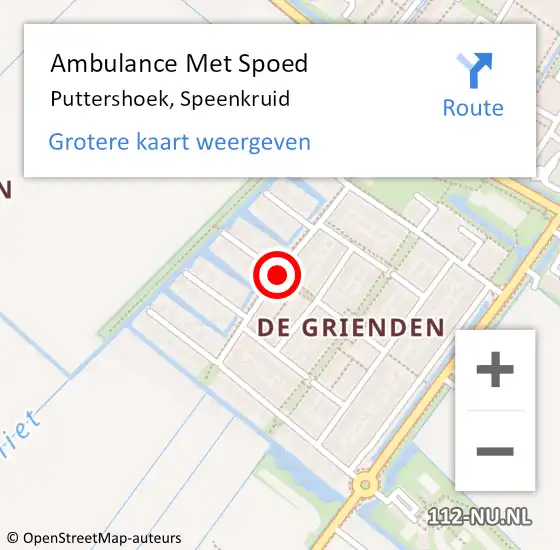 Locatie op kaart van de 112 melding: Ambulance Met Spoed Naar Puttershoek, Speenkruid op 30 augustus 2019 04:32