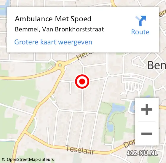 Locatie op kaart van de 112 melding: Ambulance Met Spoed Naar Bemmel, Van Bronkhorststraat op 30 augustus 2019 23:37