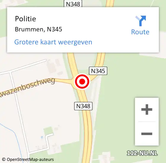 Locatie op kaart van de 112 melding: Politie Brummen, N345 op 31 augustus 2019 15:33