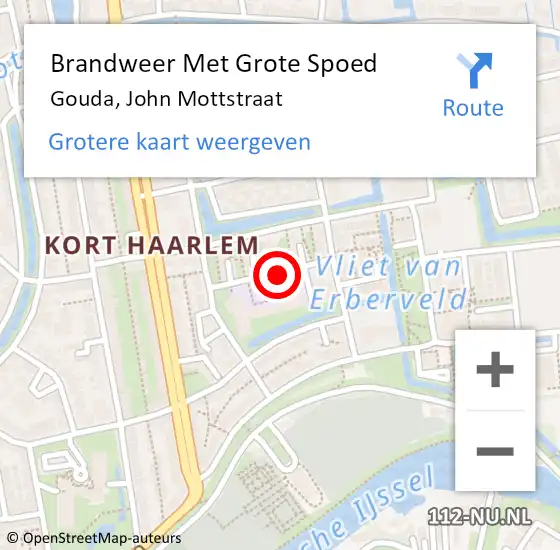 Locatie op kaart van de 112 melding: Brandweer Met Grote Spoed Naar Gouda, John Mottstraat op 31 augustus 2019 15:39