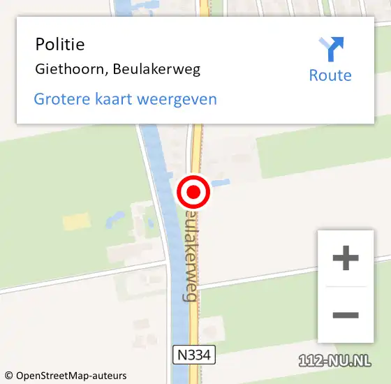 Locatie op kaart van de 112 melding: Politie Giethoorn, Beulakerweg op 31 augustus 2019 17:59