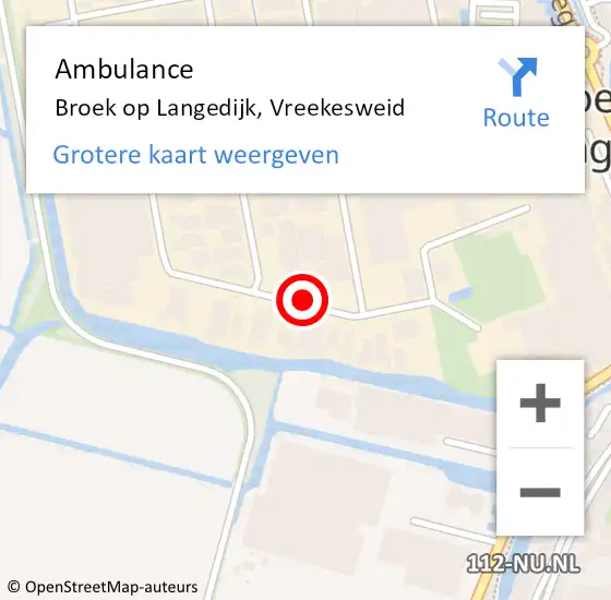 Locatie op kaart van de 112 melding: Ambulance Broek op Langedijk, Vreekesweid op 1 september 2019 03:51
