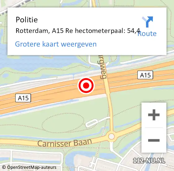 Locatie op kaart van de 112 melding: Politie Rotterdam, A15 Li hectometerpaal: 52,6 op 1 september 2019 23:05
