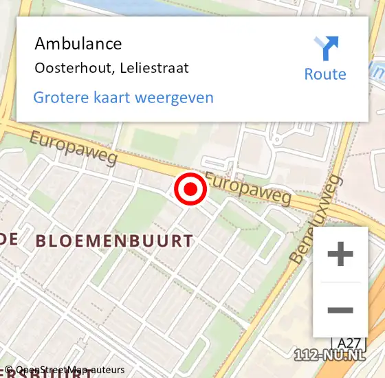 Locatie op kaart van de 112 melding: Ambulance Oosterhout, Leliestraat op 2 september 2019 11:06