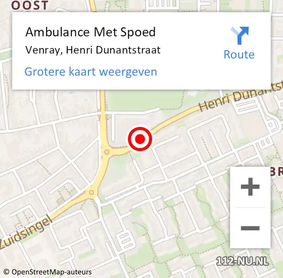 Locatie op kaart van de 112 melding: Ambulance Met Spoed Naar Venray, Henri Dunantstraat op 2 september 2019 18:25