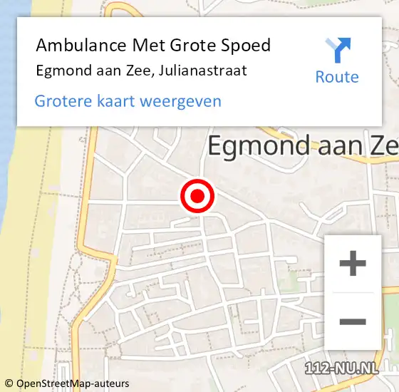 Locatie op kaart van de 112 melding: Ambulance Met Grote Spoed Naar Egmond aan Zee, Julianastraat op 4 september 2019 02:15