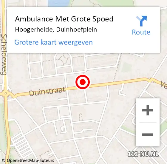 Locatie op kaart van de 112 melding: Ambulance Met Grote Spoed Naar Hoogerheide, Duinhoefplein op 4 september 2019 14:37