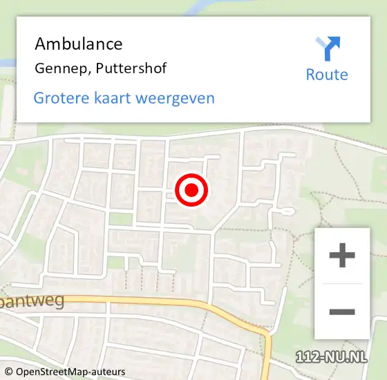 Locatie op kaart van de 112 melding: Ambulance Gennep, Puttershof op 5 september 2019 14:54