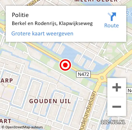 Locatie op kaart van de 112 melding: Politie Berkel en Rodenrijs, Klapwijkseweg op 5 september 2019 20:14