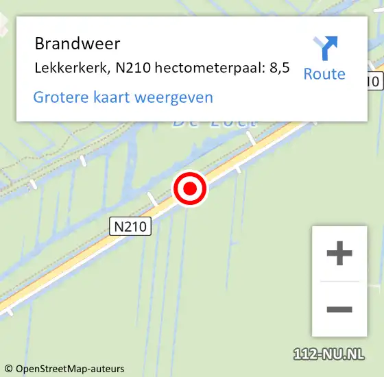 Locatie op kaart van de 112 melding: Brandweer Lekkerkerk, N210 hectometerpaal: 8,5 op 9 september 2019 10:16