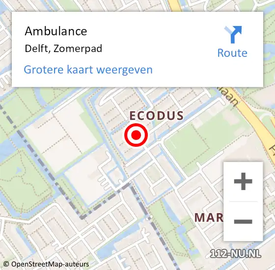 Locatie op kaart van de 112 melding: Ambulance Delft, Zomerpad op 11 september 2019 11:44